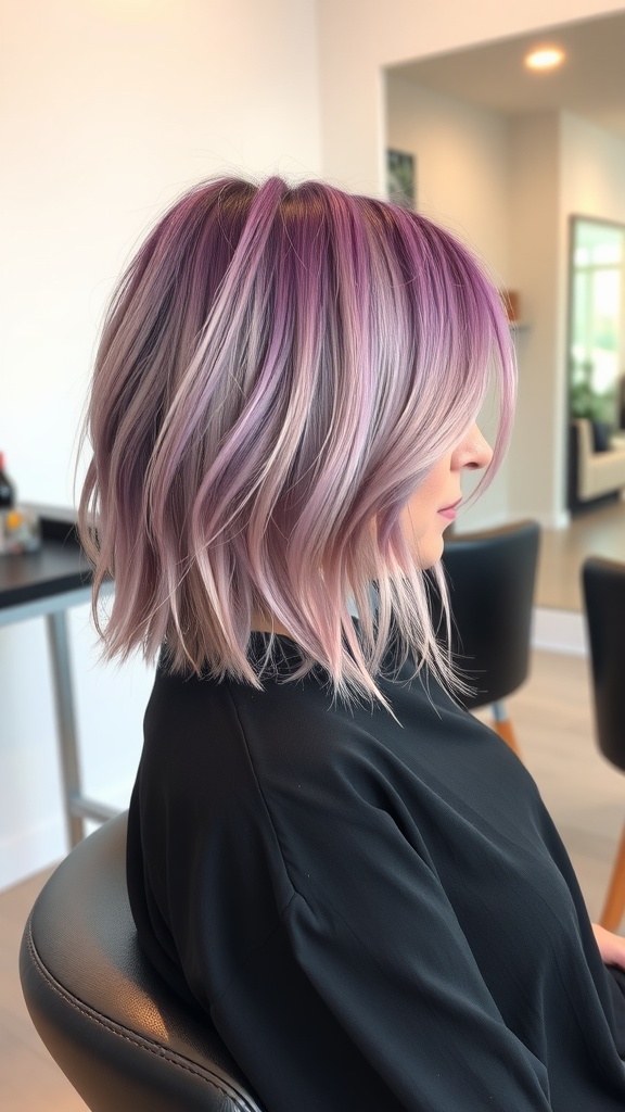 A woman with lavender pink balayage hairstyle