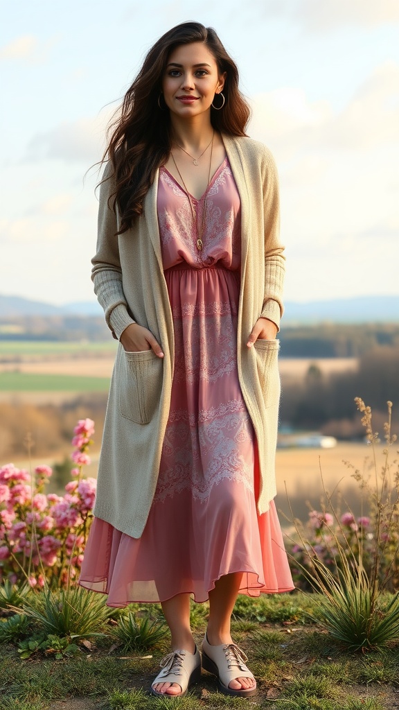 A woman wearing a layered midi dress and light cardigan, standing outdoors