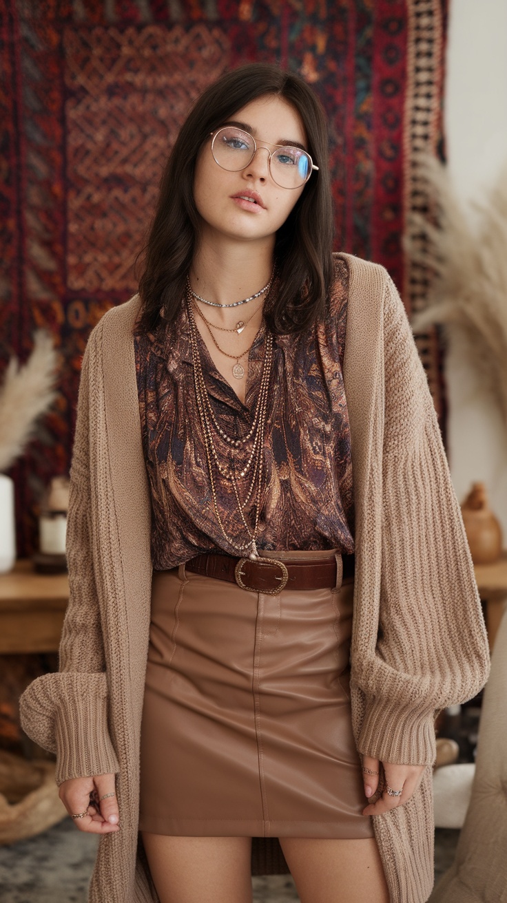 A woman wearing layered necklaces with a printed blouse and a fitted skirt, styled with a chunky cardigan.