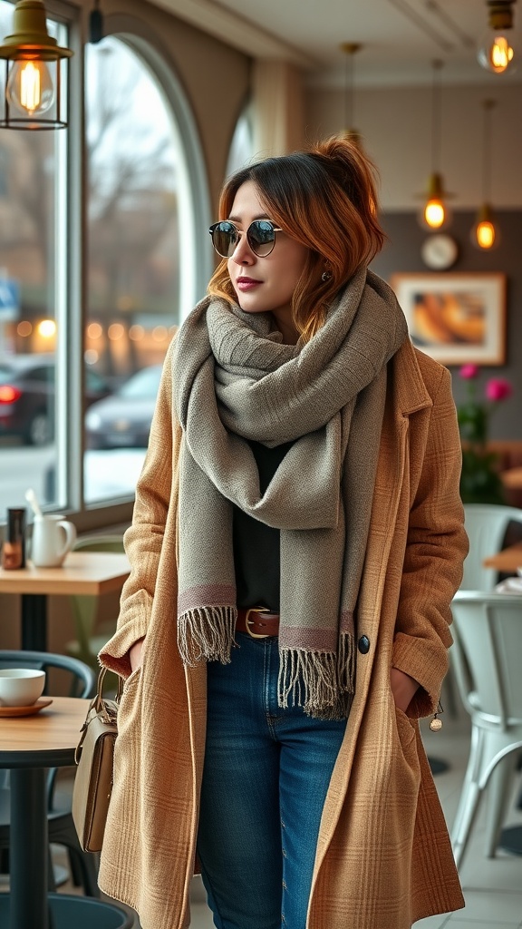 A woman wearing a layered outfit with a scarf, sunglasses, and a bag in a cafe setting.