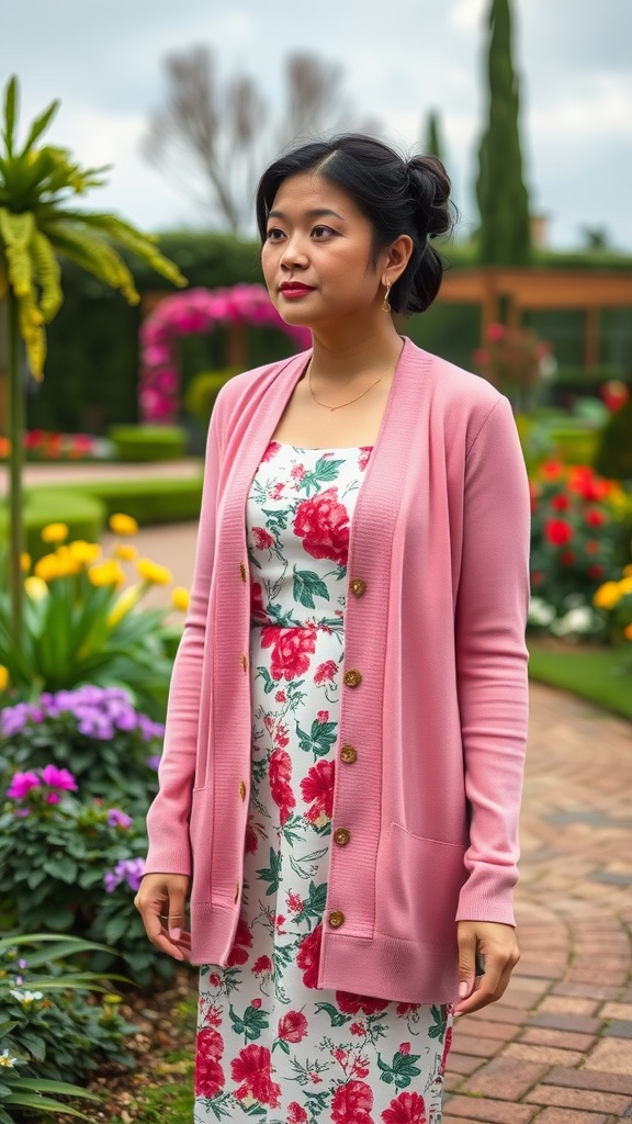 A woman wearing a pink cardigan over a floral dress in a garden.