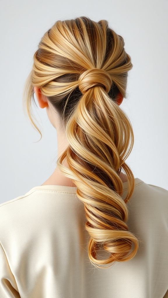 A layered ponytail with face-framing strands, featuring bouncy curls at the ends.