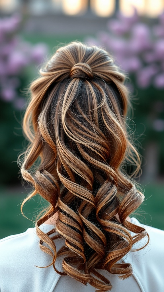 A back view of a layered ponytail with soft curls, showcasing a chic hairstyle against a blurred floral background.