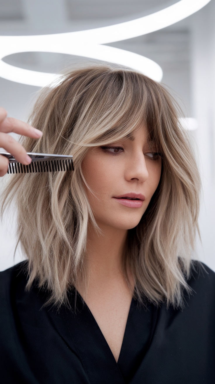 A woman with a layered shag cut and curtain bangs, being styled with a comb.