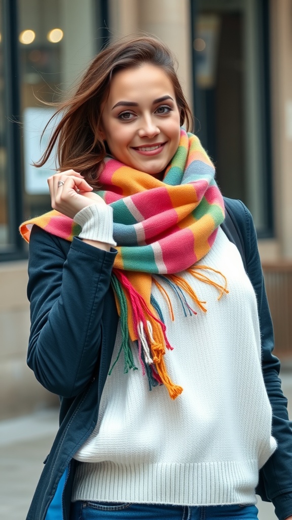 A woman smiling while wearing a colorful scarf outdoors.