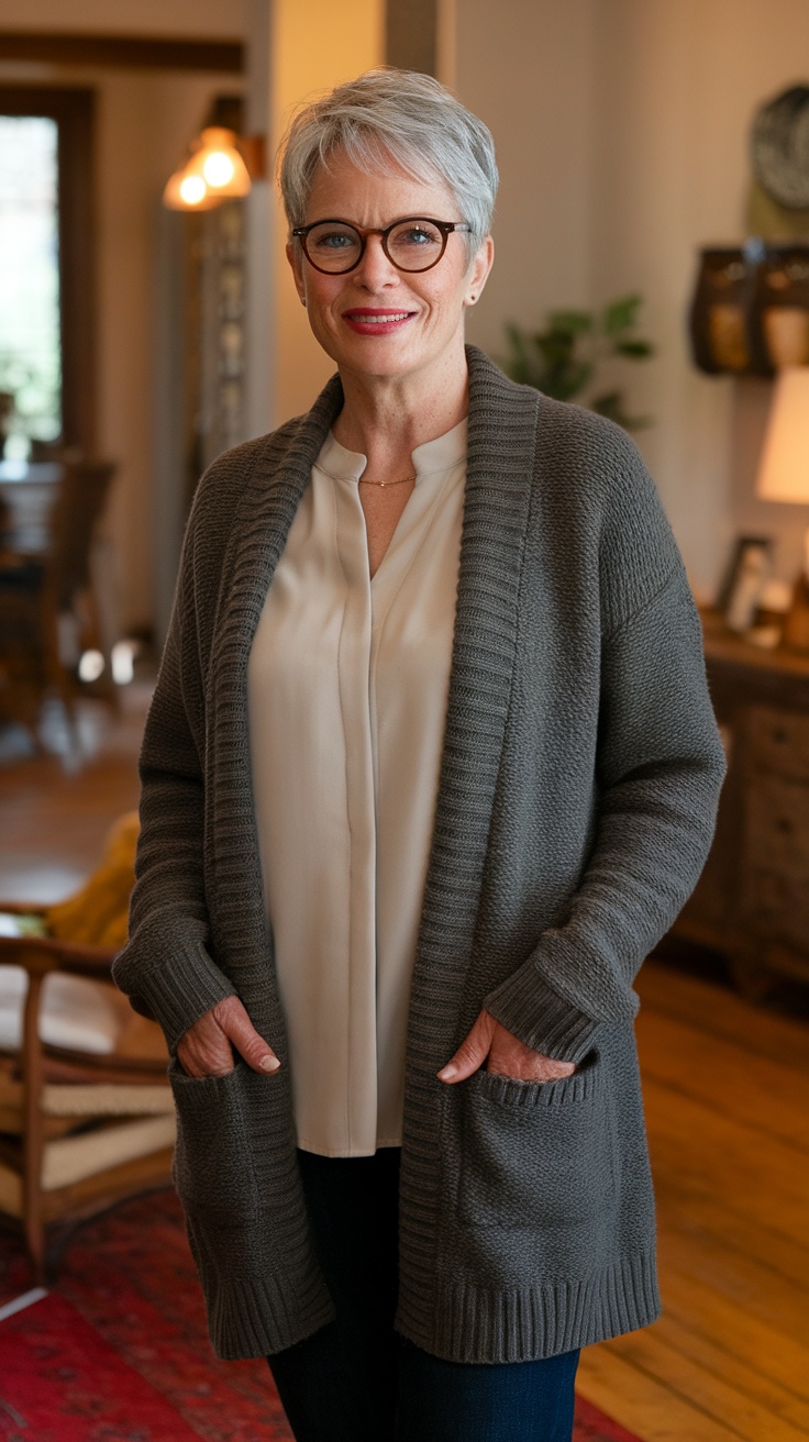 A woman wearing a gray cardigan over a light blouse, smiling at the camera.