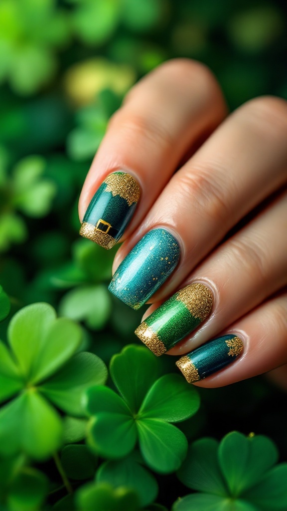 Nail art featuring a leprechaun hat design with green and gold colors, set against a background of shamrocks.