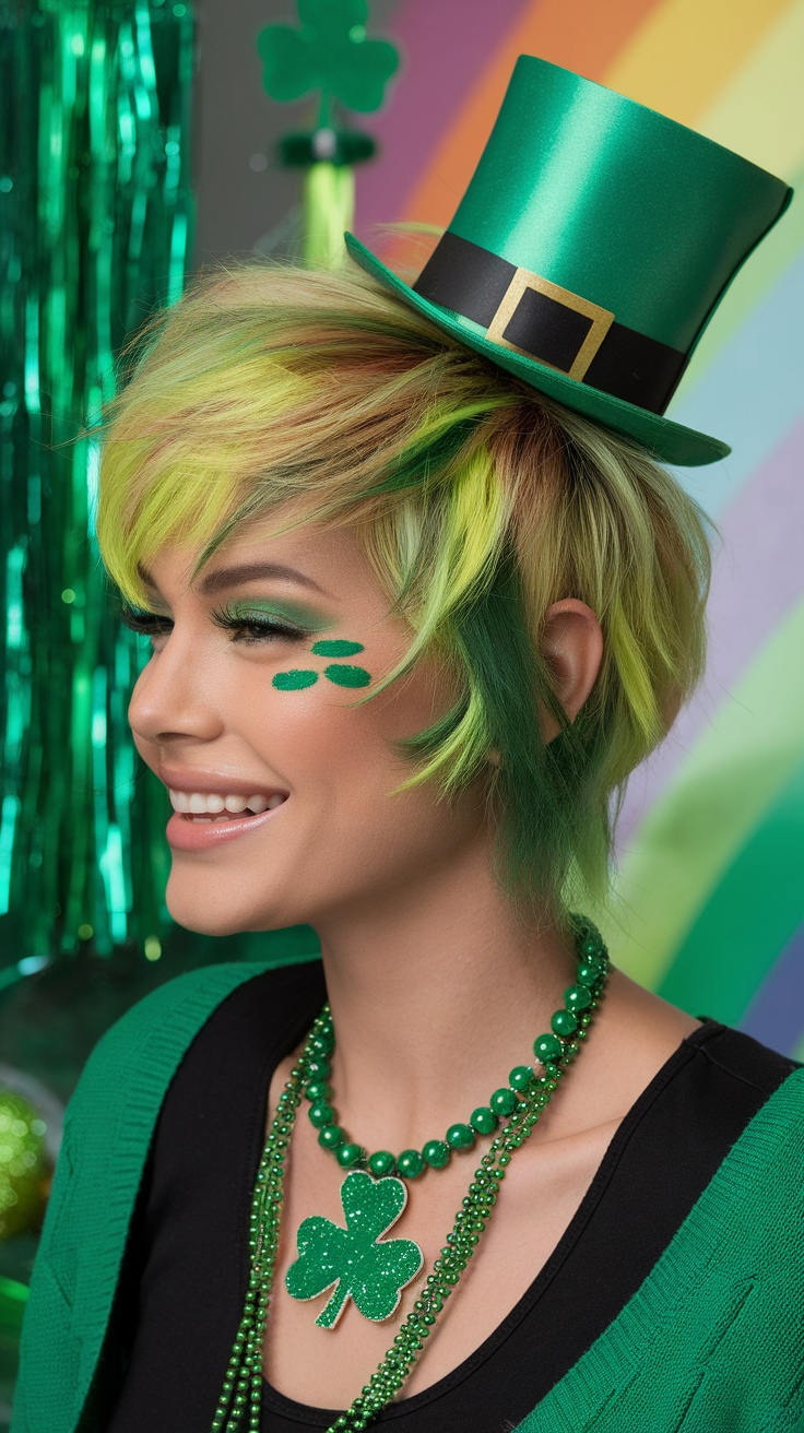 A woman with a stylish short hairstyle featuring green highlights and a leprechaun hat, celebrating St. Patrick's Day.