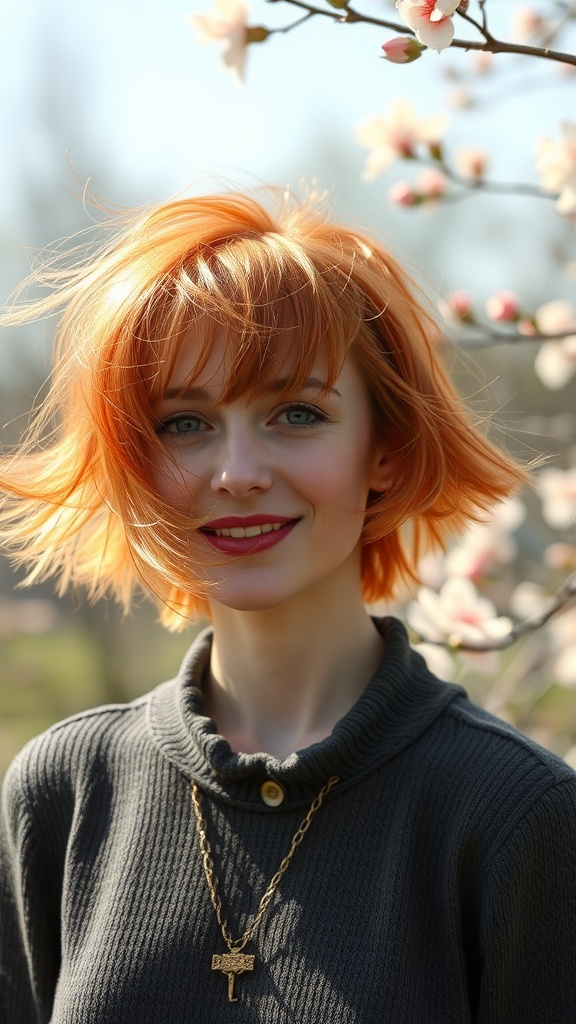 A woman with a light red shag haircut smiling outdoors near blooming flowers.