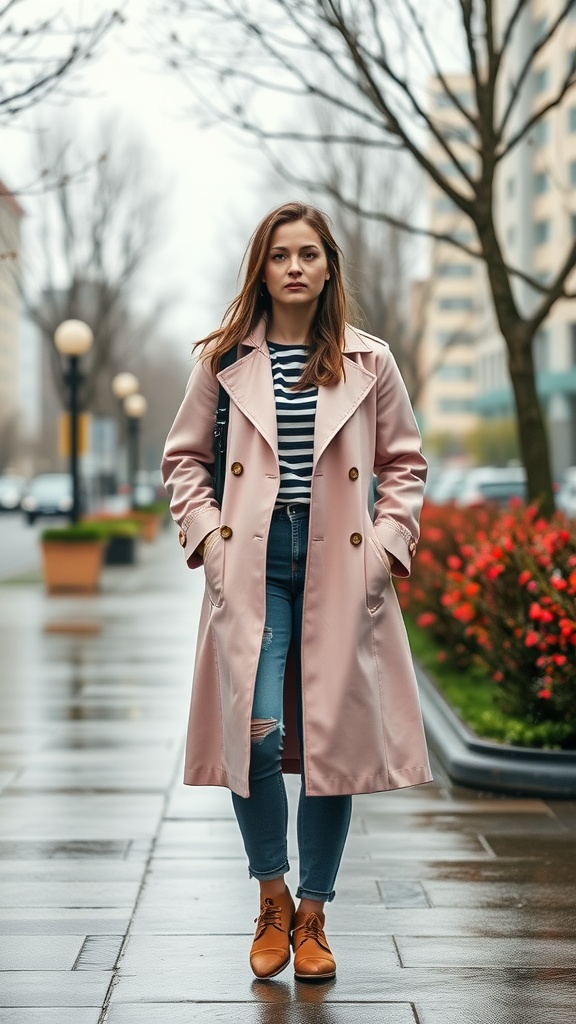 A woman wearing a lightweight pink trench coat with a striped shirt and jeans, standing on a city street.