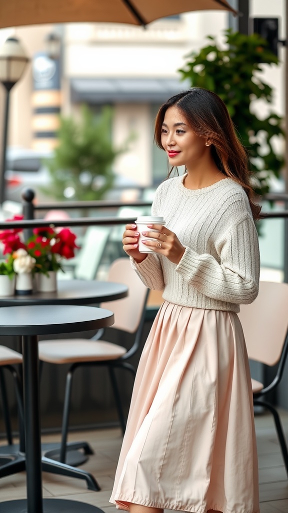 A woman holding a coffee cup, wearing a lightweight sweater and a flowy A-line skirt, enjoying a spring day.