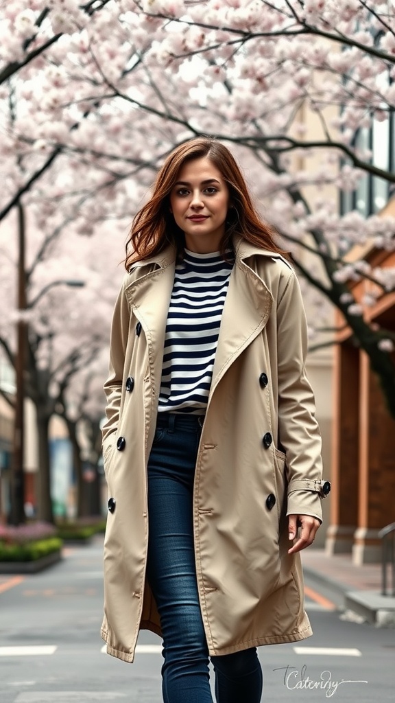 A woman in a lightweight beige trench coat and striped top walking under cherry blossom trees.