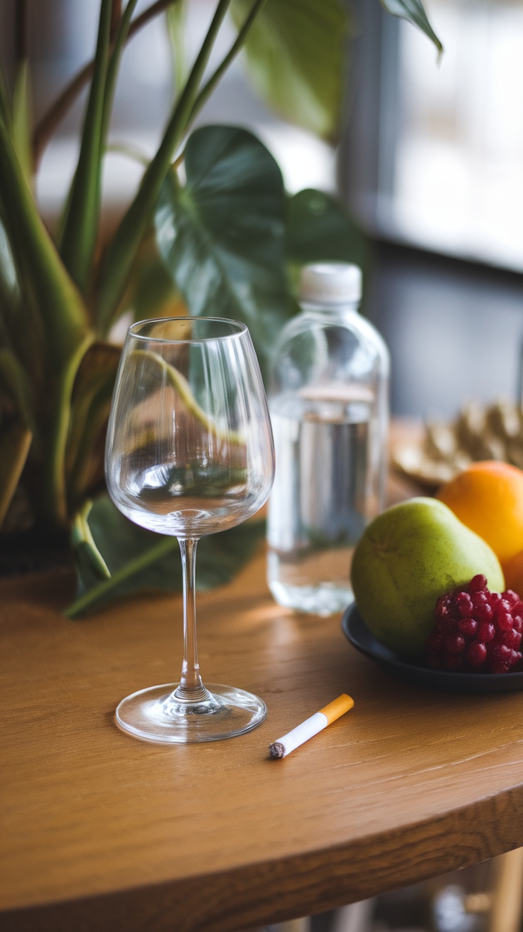 An image showing a clean glass, a cigarette, a bottle of water, and a plate of fresh fruits on a wooden table.