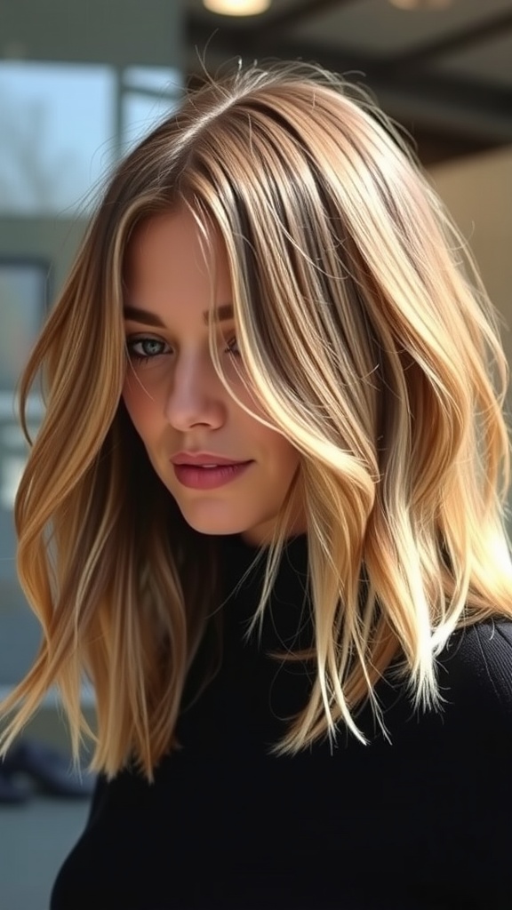 A young woman with a long bob hairstyle featuring layered ends, showcasing a natural and stylish look.