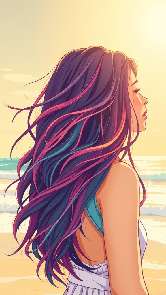 Illustration of long, wavy hair with a beachy texture against a bright sky and ocean background.