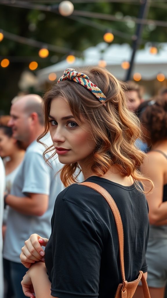 A woman with loose curls and a colorful headband, standing in a lively crowd.