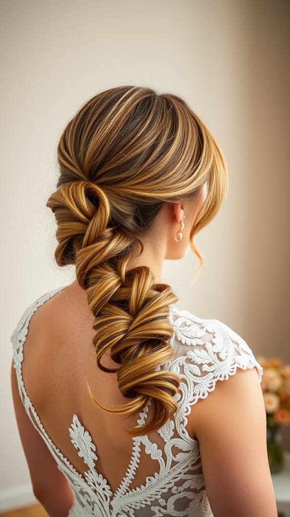 A low side ponytail with a twist, showcasing elegant braids and highlights.