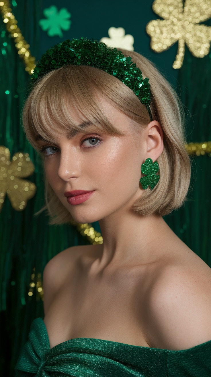 A woman with a stylish bob haircut and wispy bangs, wearing green accessories for St. Patrick's Day.