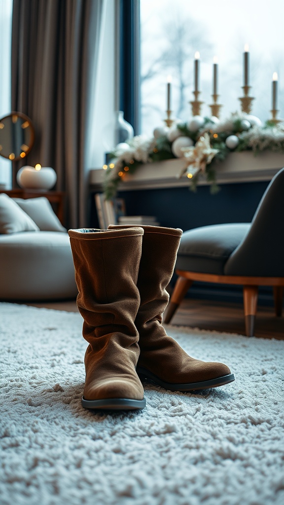 A pair of luxurious brown suede boots on a soft rug, with a cozy living room background.