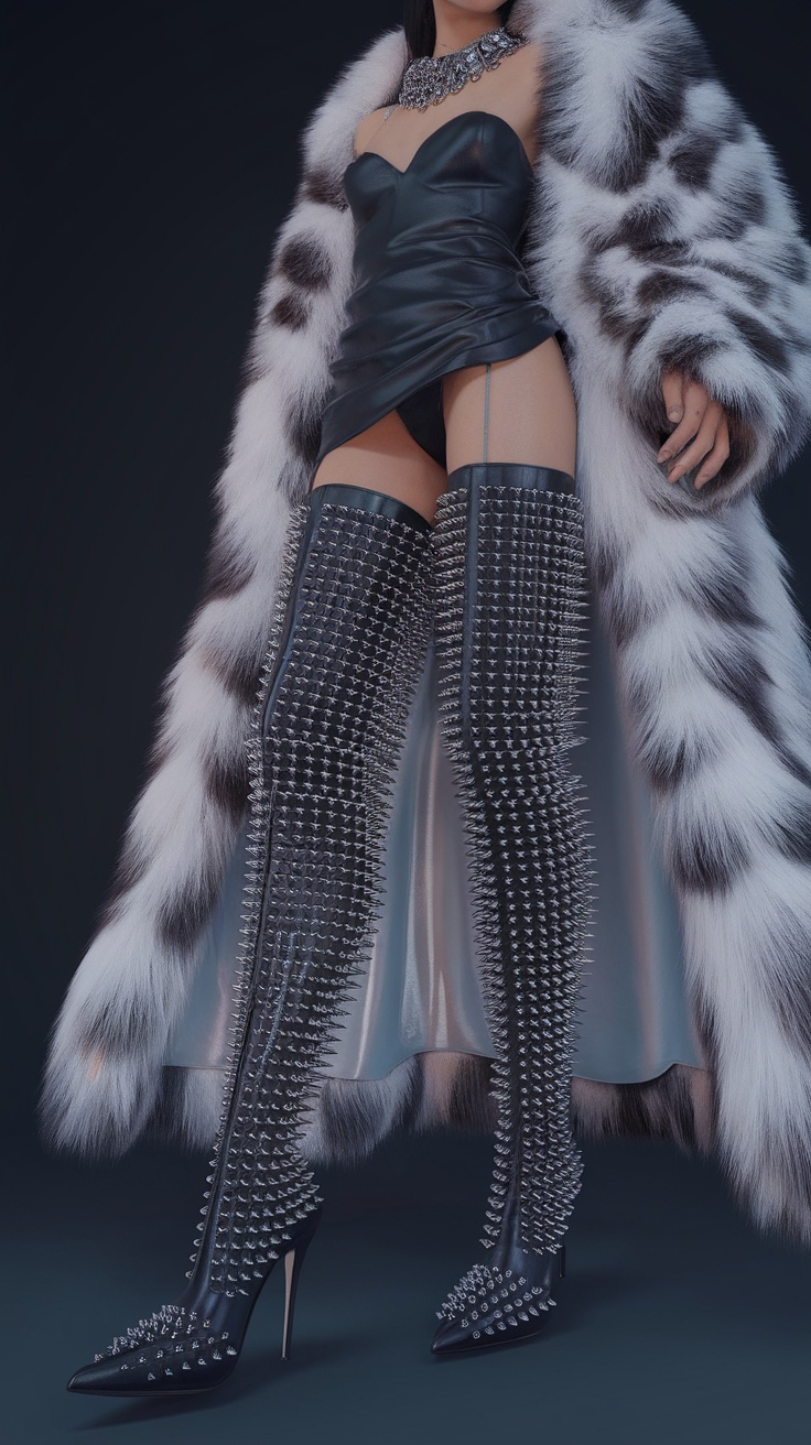 A pair of luxurious thigh-high stiletto boots featuring sharp studs, paired with a stylish outfit.