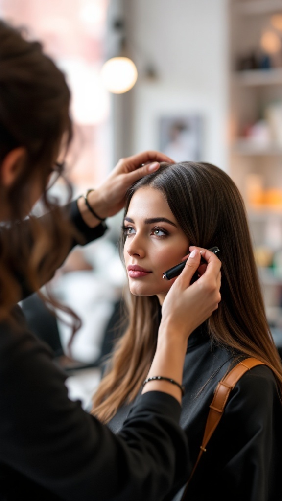 A stylist working on a model's hair, focusing on creating a smooth and polished look.