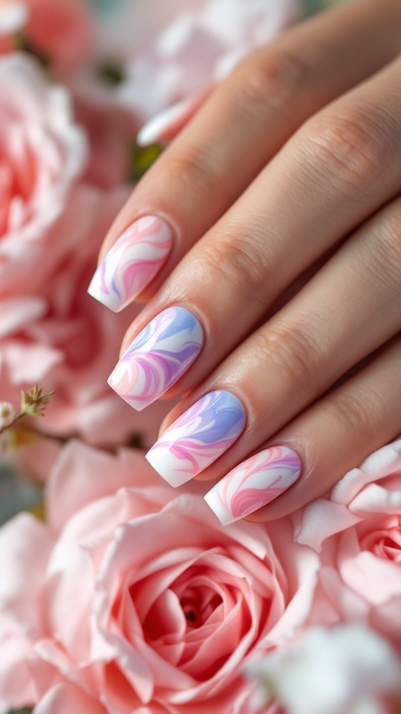 Close-up of elegantly manicured nails featuring a marble design in pink and blue colors, surrounded by pink roses.