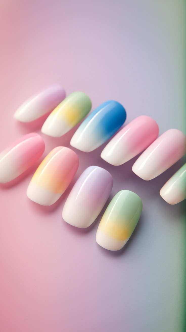 Nail designs showcasing matte white ombré effect with pastel colors