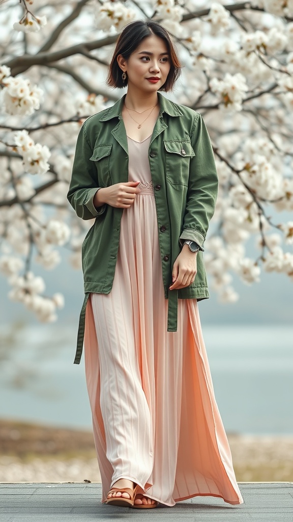 A woman wearing a light pink maxi dress and an olive green utility jacket, surrounded by blooming flowers.