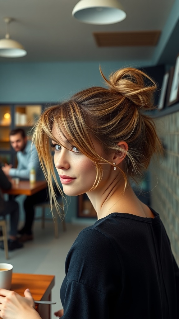 A woman with a messy bun hairstyle and face-framing strands, looking stylish in a cafe setting.