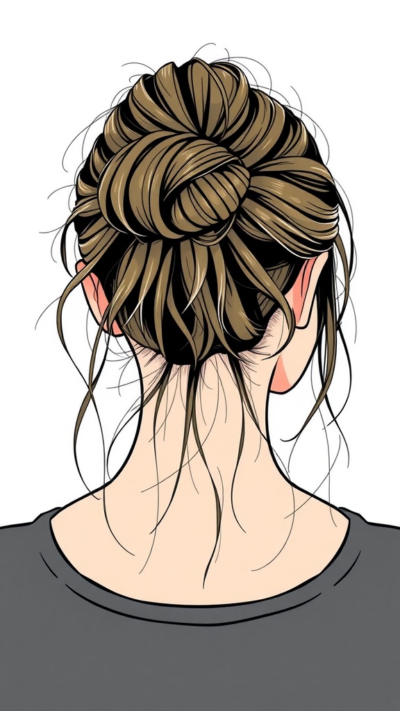 Illustration of a messy bun hairstyle with strands falling