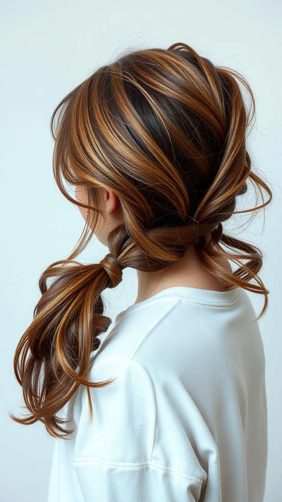 A woman with a messy low ponytail featuring textured waves, showcasing a casual hairstyle.