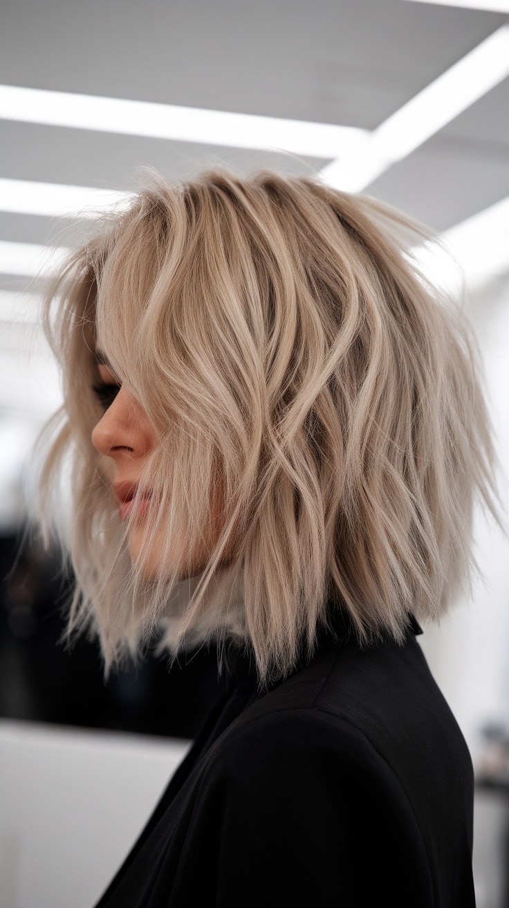 A woman with a messy short haircut and piecey bangs, showcasing a relaxed yet stylish look.