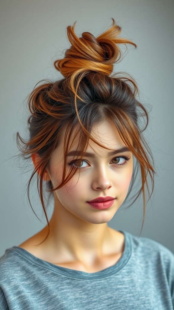 A girl with a messy top knot hairstyle, looking down thoughtfully.