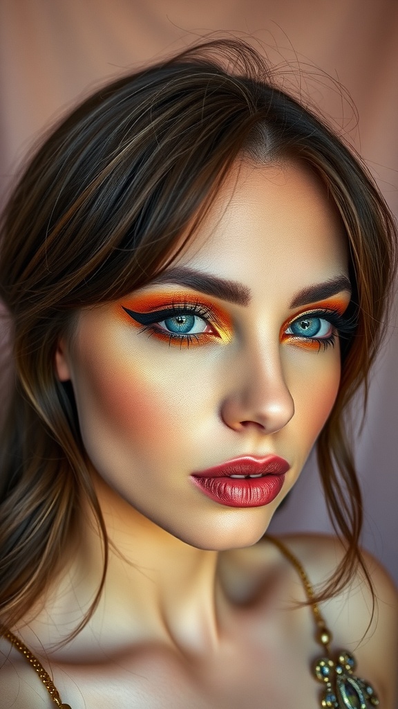 A woman showcasing a stunning metallic copper and bronze makeup look that complements her blue eyes and brunette hair.