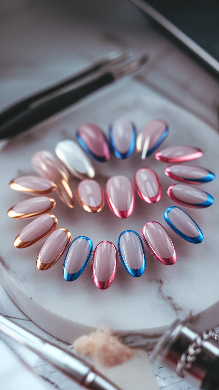 A variety of nails with metallic edges in different colors, arranged in a circle on a marble surface.