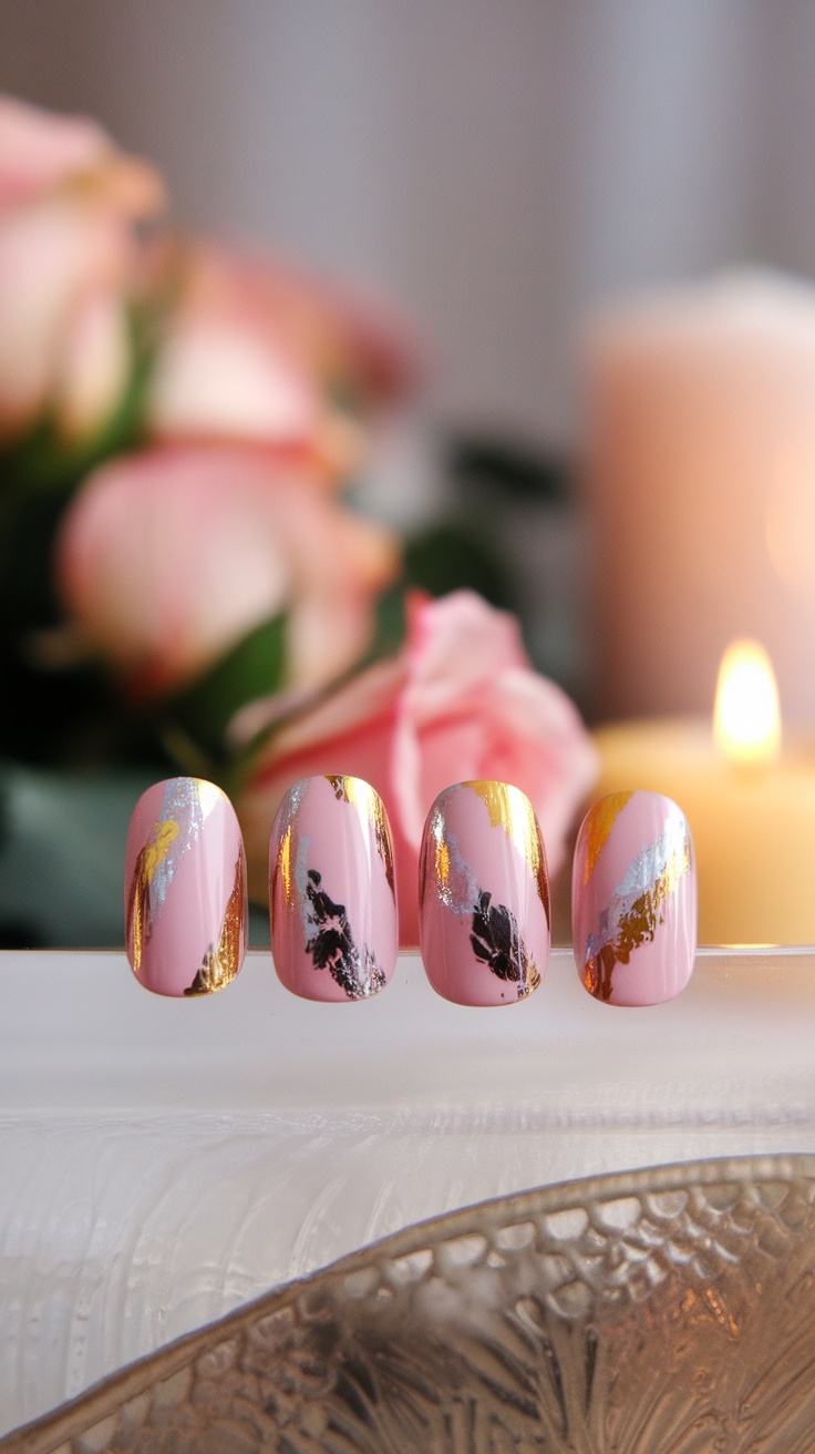 Nail art featuring pink nails with metallic foil details in gold and silver.