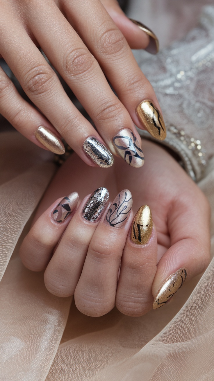 Close-up of hands with metallic nail designs featuring gold, silver, and artistic patterns.