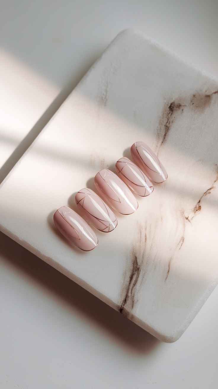 A display of minimalist chic nails featuring a soft pink base with geometric lines.