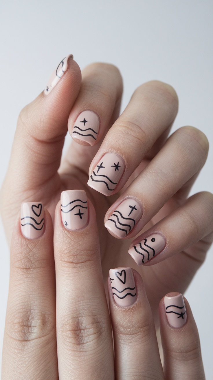 Nail art showcasing minimalist lines on a nude background.