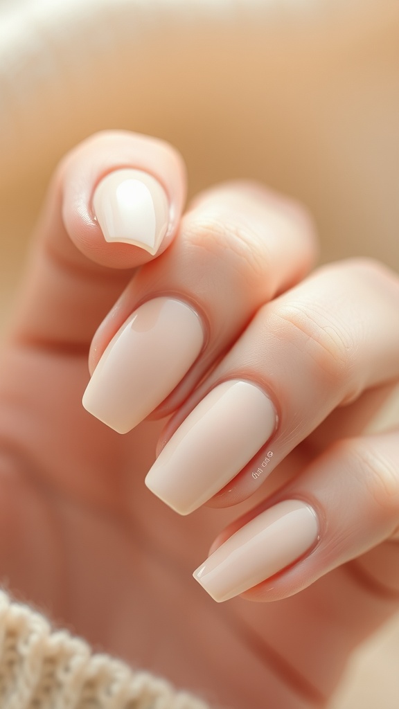 A hand with minimalist nude nails, showing off a soft and stylish look.