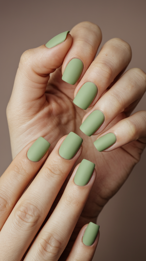 A photo of a hand with mint green matte nails. The nails have a simple, clean design with a subtle sheen. The background is taupe.