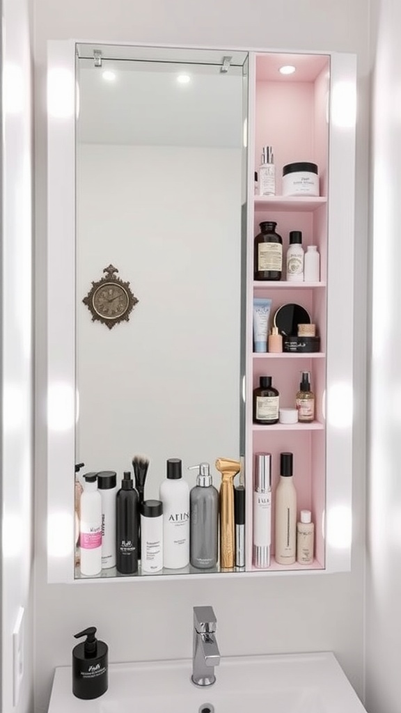 A stylish mirror with built-in storage displaying various skincare and makeup products.