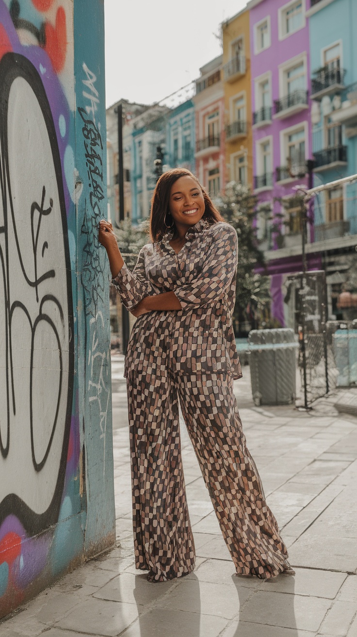 A woman in a half striped shirt and half plaid blazer, paired with a floral dress, smiling in a colorful outdoor setting.