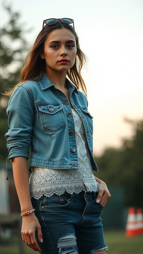 A young woman wearing a denim jacket over a lace top, showcasing a mix of textures.