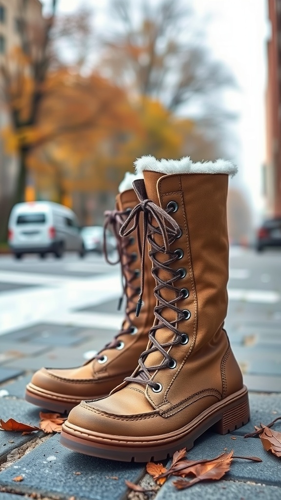 A pair of modern brown lace-up winter boots on a city sidewalk with autumn leaves.