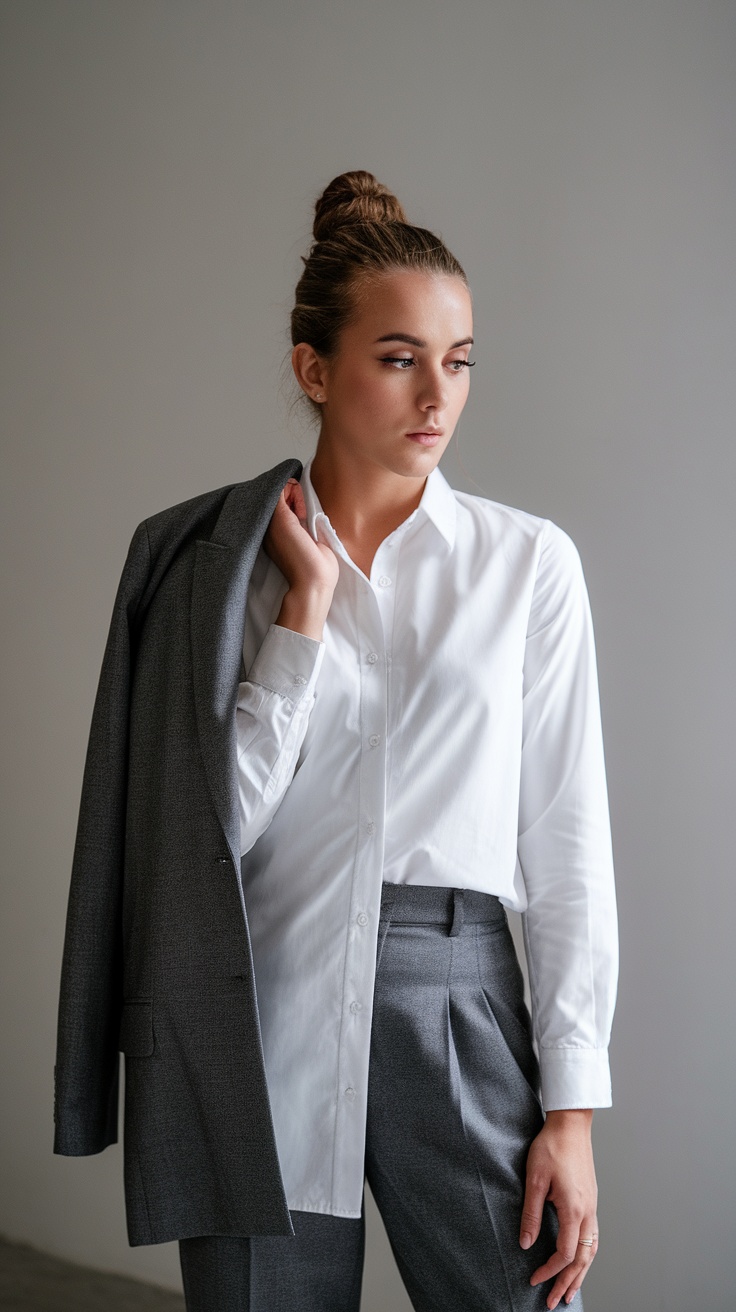 A woman in a tailored grey blazer and matching trousers, showcasing a stylish monochromatic outfit.