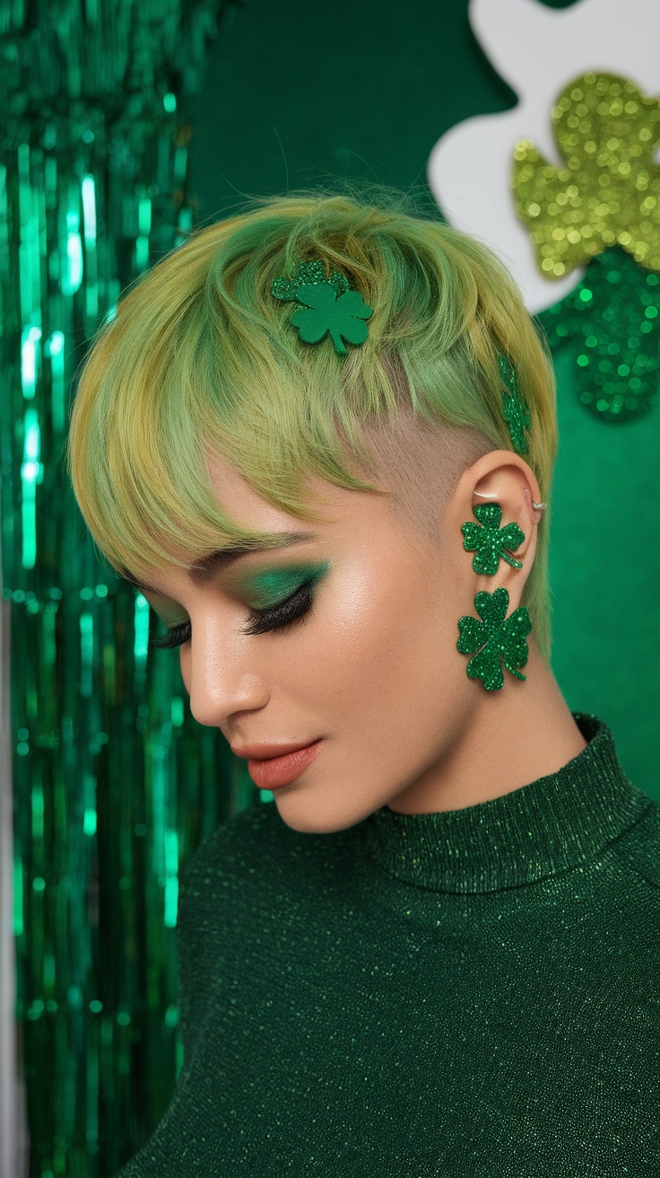 A woman with a green and yellow pixie haircut, featuring a stylish undercut and clover accessories, ready for St. Patrick's Day.