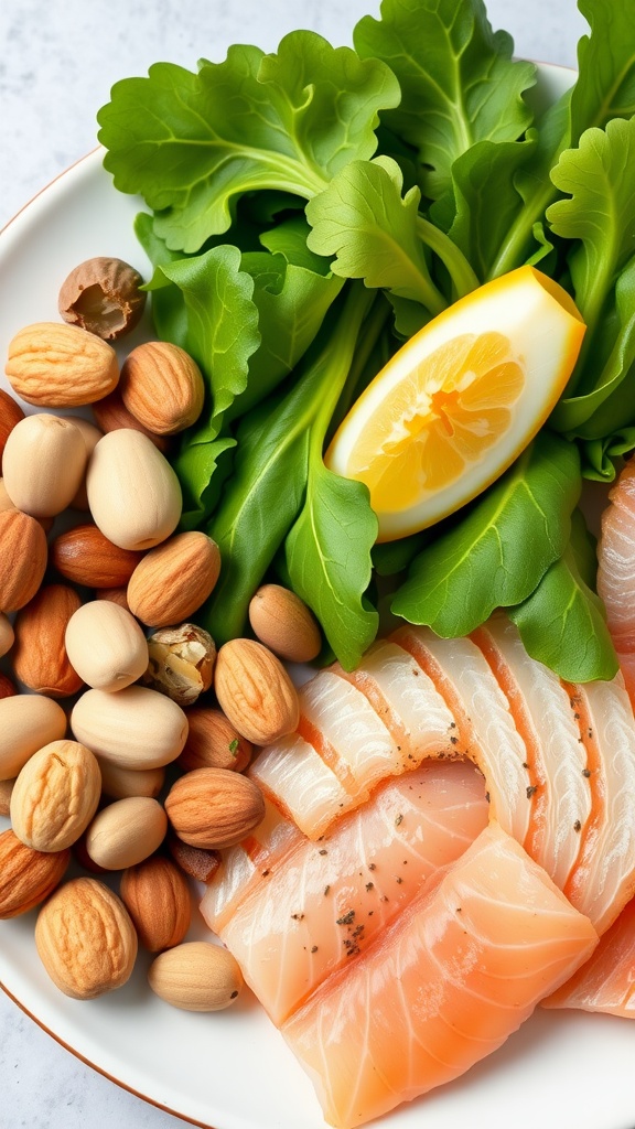 A plate featuring salmon, leafy greens, nuts, and a slice of lemon, representing a nail-friendly diet.