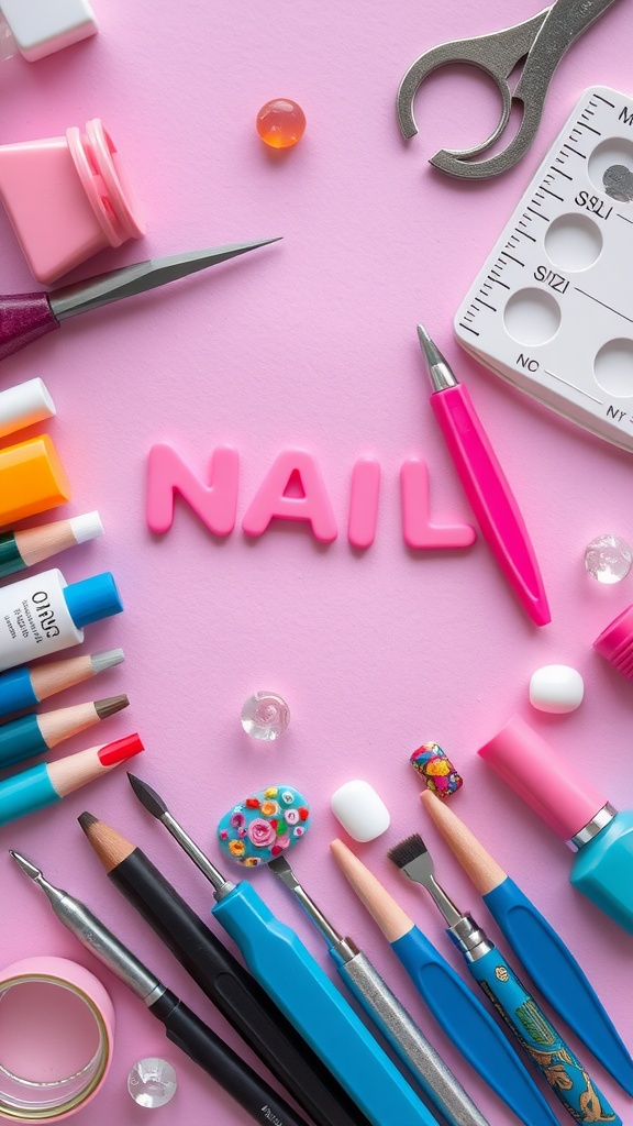 An array of nail care tools and supplies on a pink background with the word 'NAIL' spelled out.