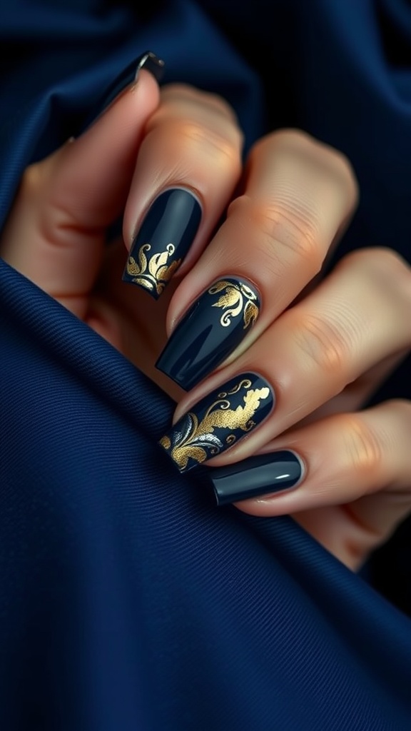 Navy blue nails with gold foil leaf art